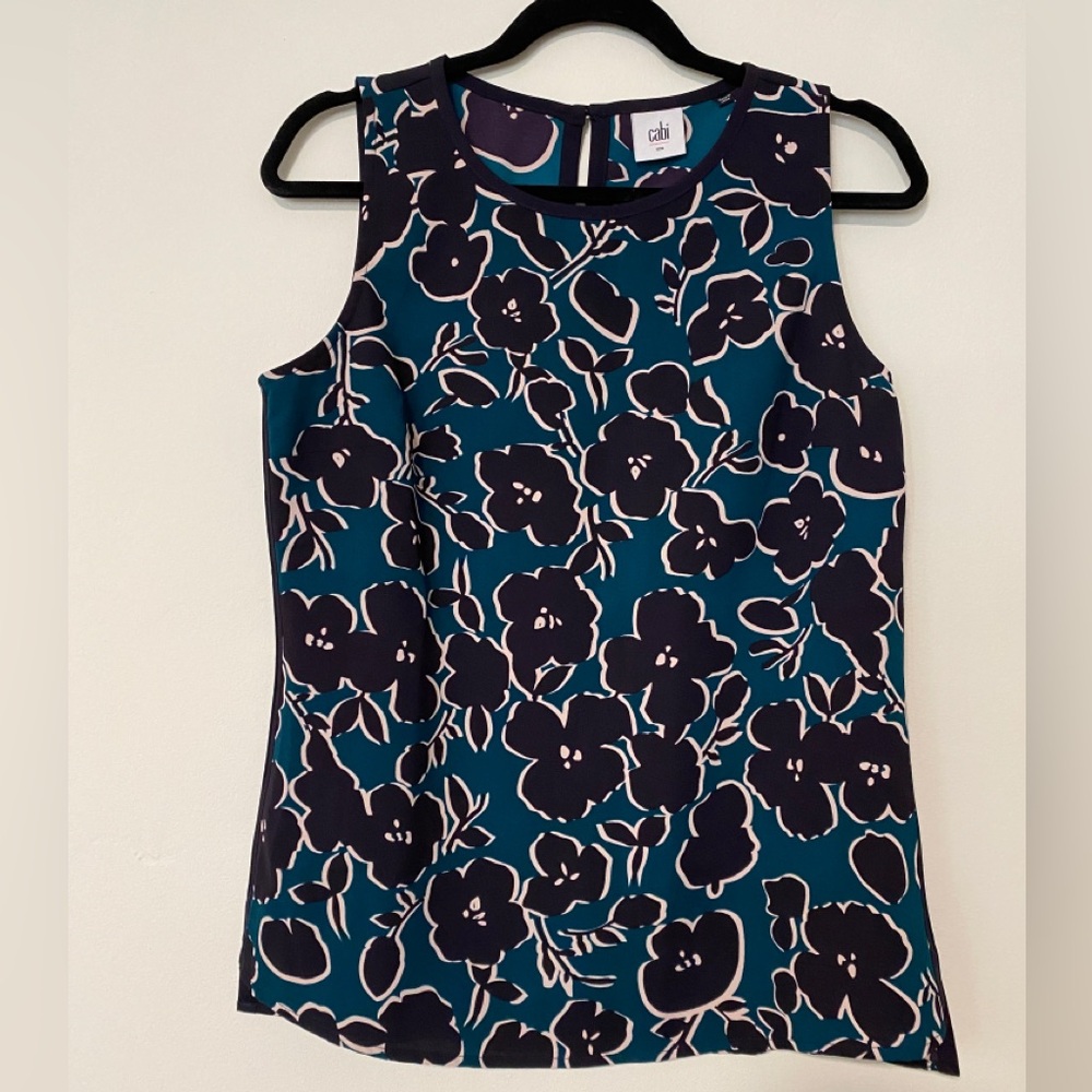 Cabi Floral Black and Teal Sleeveless Blouse Size S